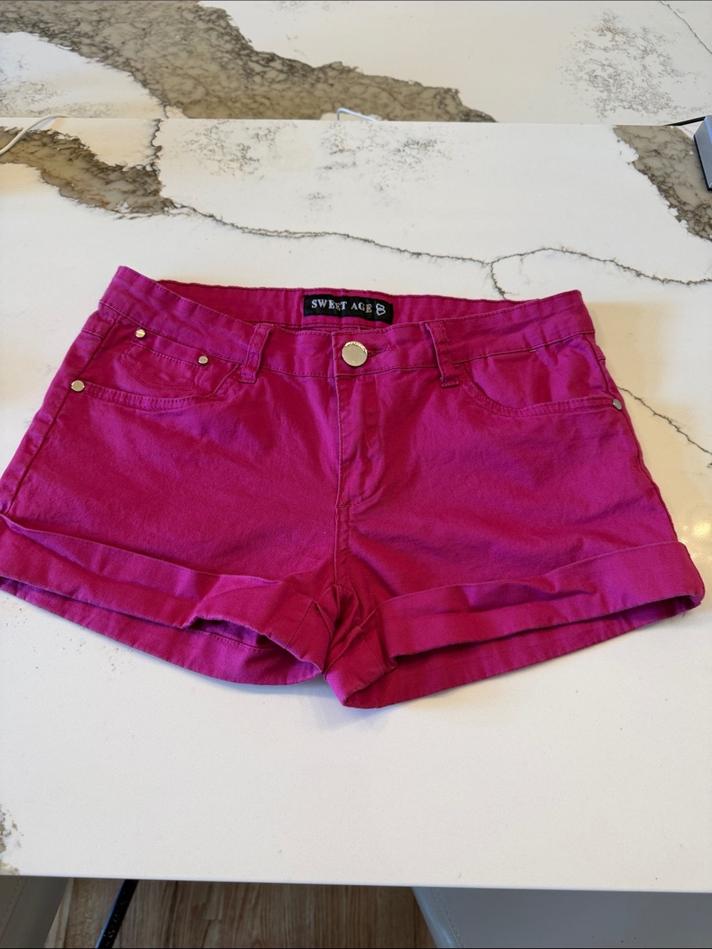 Fuchsia High-Rise Rolled-Cuff Shorts